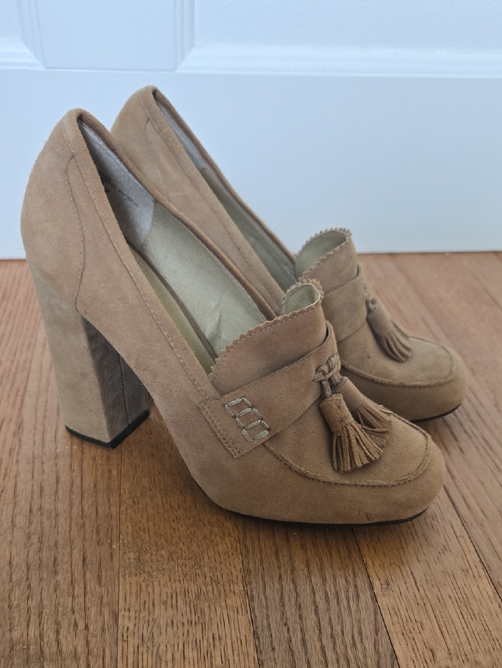 Anthro Taupe Suede Tassel Block Heel Loafers 7.5